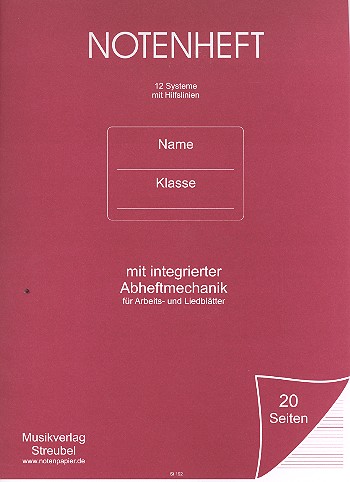 Vorderes Coverbild Notenheft 12 Systeme Din A4 hoch mit Hilfslinien 20 Seiten