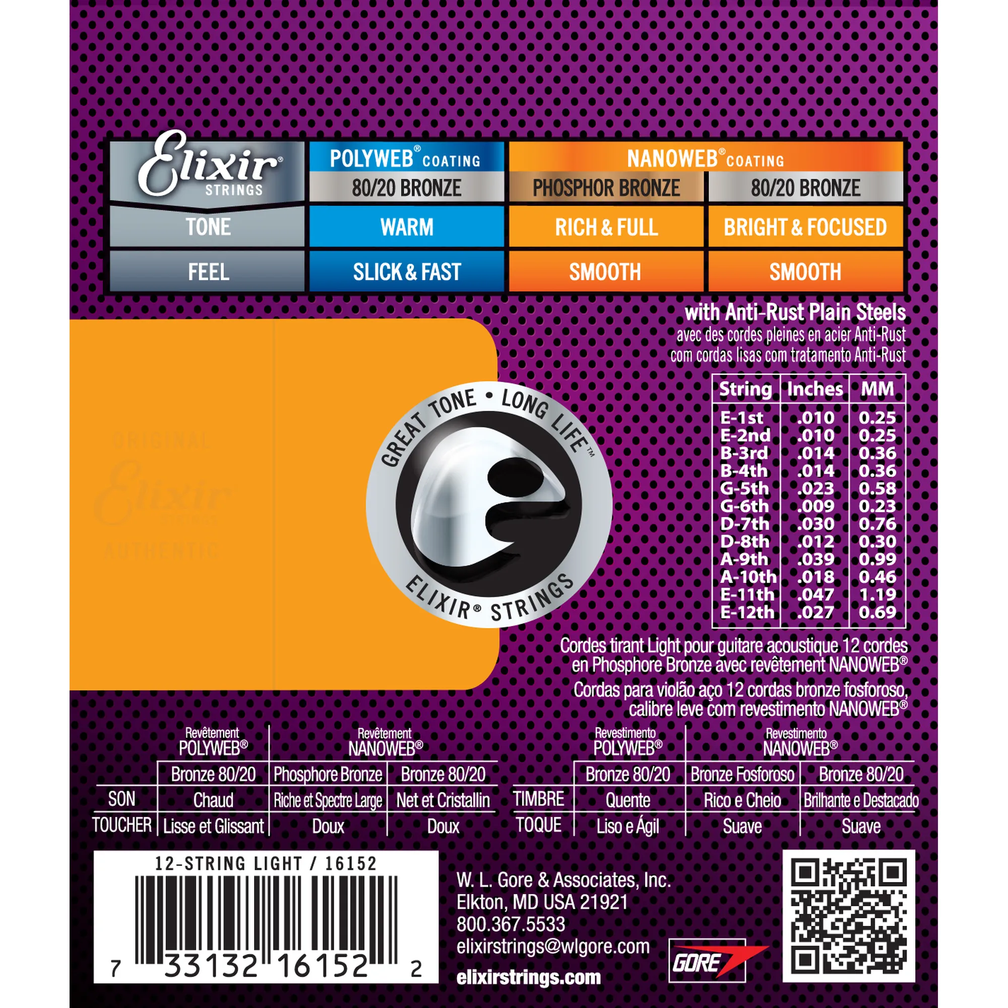 Elixir 16152 Nanoweb Phosphor 12-String Light