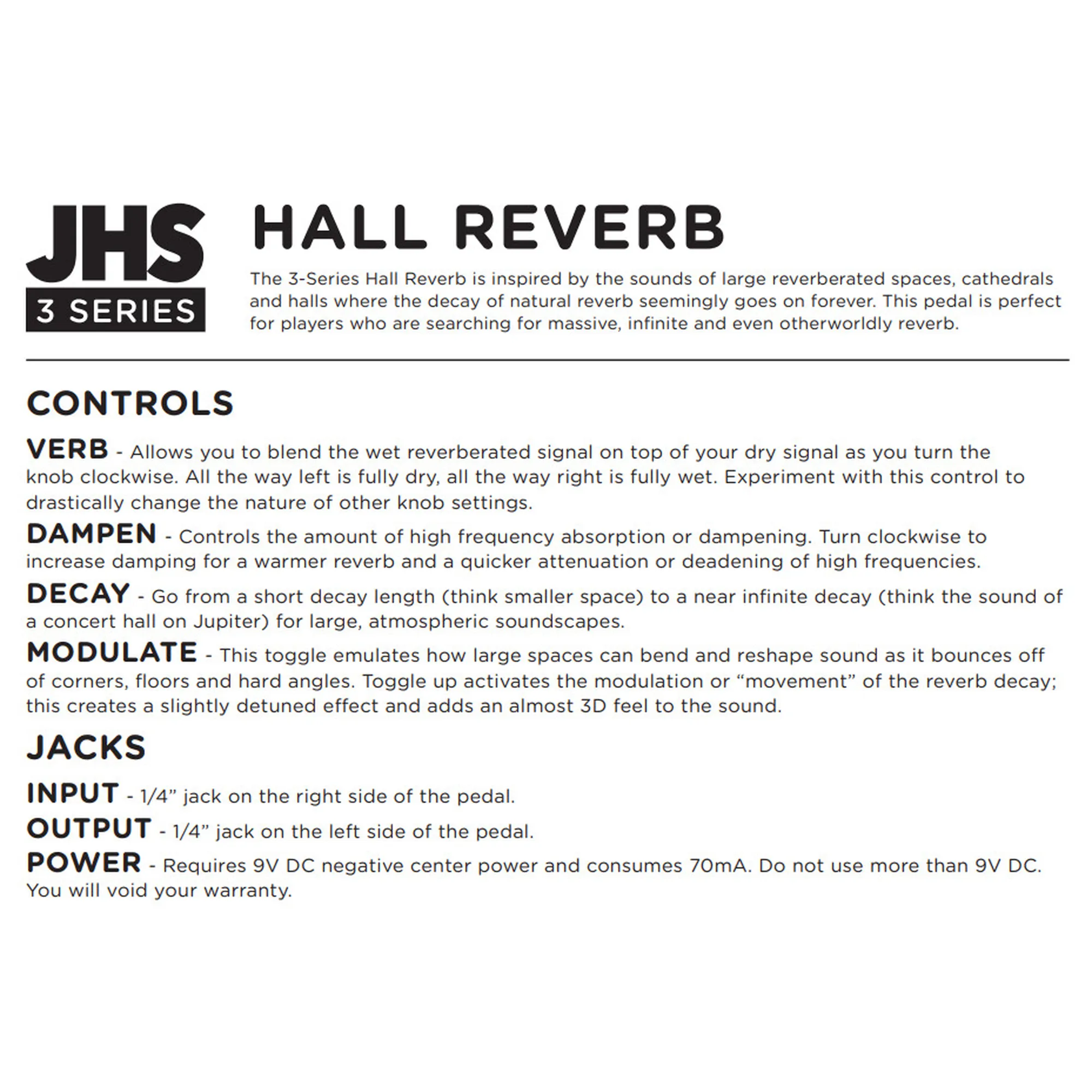 JHS Pedals 3 Series Hall Reverb